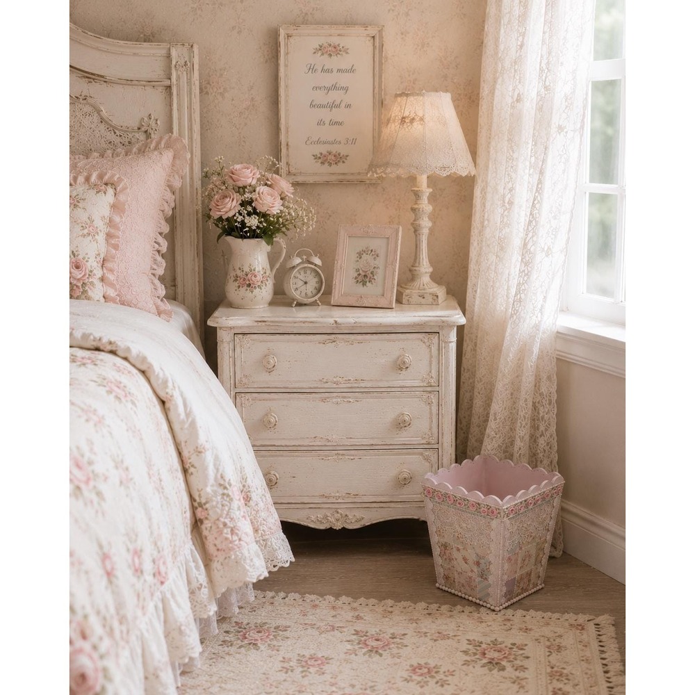 Rachel Ashwell Inspired Shabby Chic Rose Cottagecore Pink Patchwork Wastebasket - Picture 10 of 13
